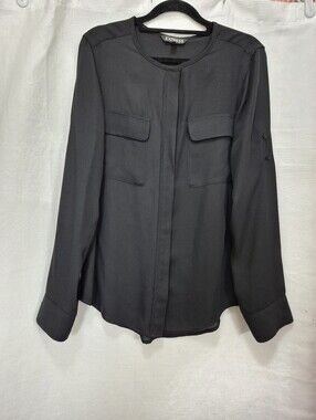 Express Black Collarless Utility Blouse Roll-Tab Long Sleeve Shirt Size Medium